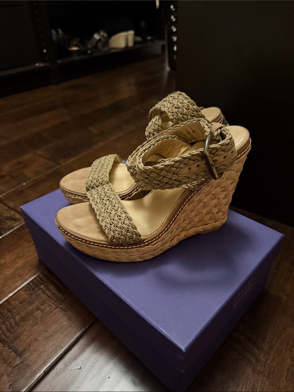 Stuart Weitzman Woven Ankle-Strap Wedge Sandals in Taupe - Picture 2 of 6